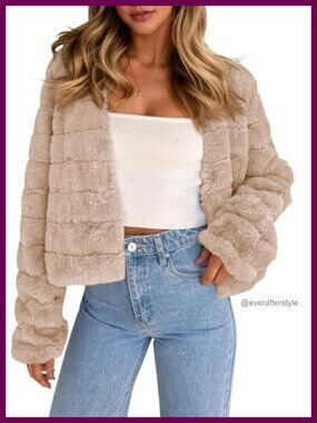 Womens Cropped Faux Fur Jacket Long Sleeve Open Front Fluffy Short Coat